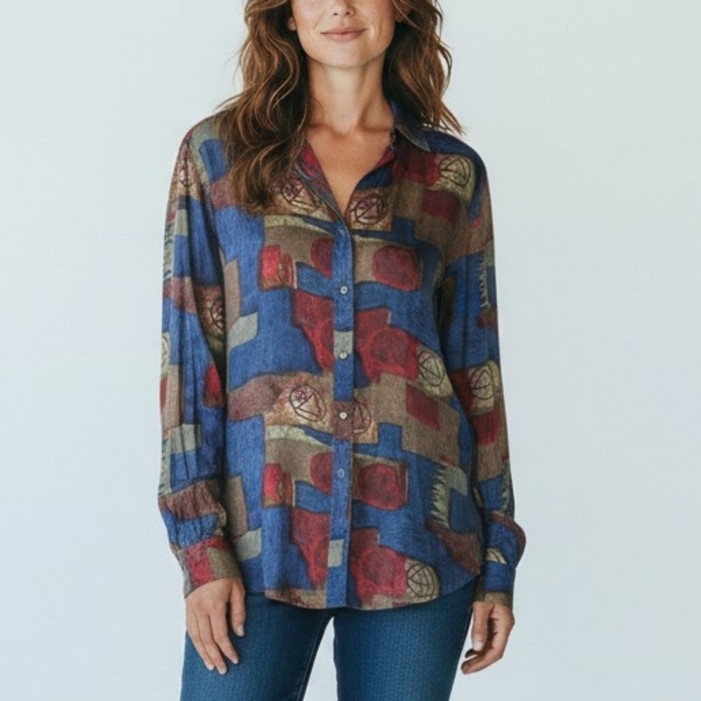 Vintage Canary Island 100% Silk Geometric Pattern Button-Up Shirt Womens  Medium